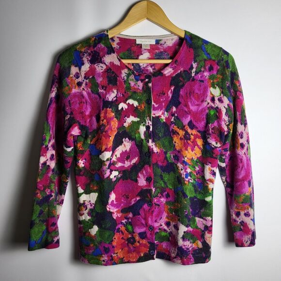 GARNET HILL Sweater Womens M Merino Wool Cardigan Purple Dark Floral Button - Picture 1 of 6